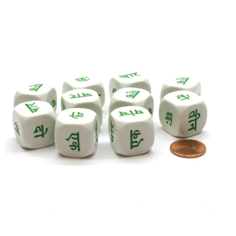 Dice>Pack of 10 20mm D6 Hindi Word Numbers 1 to 6 - White with Green Etches - Your Source for Gaming Essentials