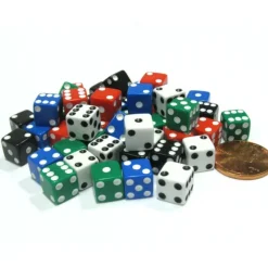 Dice>Pack of 50 8mm D6 Small Square-Edge Dice, 10 of Each: Red White Blue Green Black - Your Source for Gaming Essentials