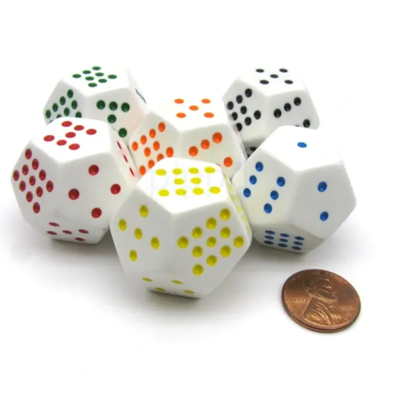 Dice>Pack of 6 28mm D12 Spotted Dice - White with: Black Red Green Blue Yellow Orange - Your Source for Gaming Essentials
