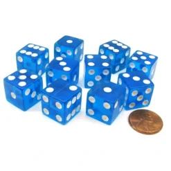 Dice>Pack of 10 16mm D6 Square Edge Transparent Dice - Blue with White Pips - Your Source for Gaming Essentials