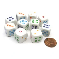 Dice>Pack of 10 16mm Educational Color Shapes 1-6 Dice - White with Multicolor Shapes - Your Source for Gaming Essentials