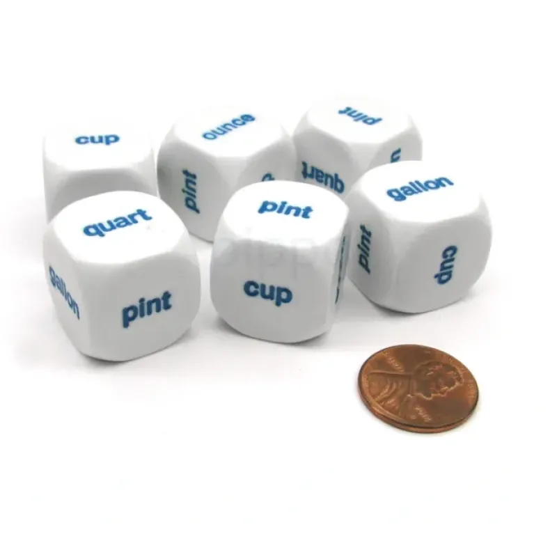 Dice>Pack of 6 20mm Educational Capacity Dice - Ounce Cup Pint (x2) Quart Gallon - Your Source for Gaming Essentials