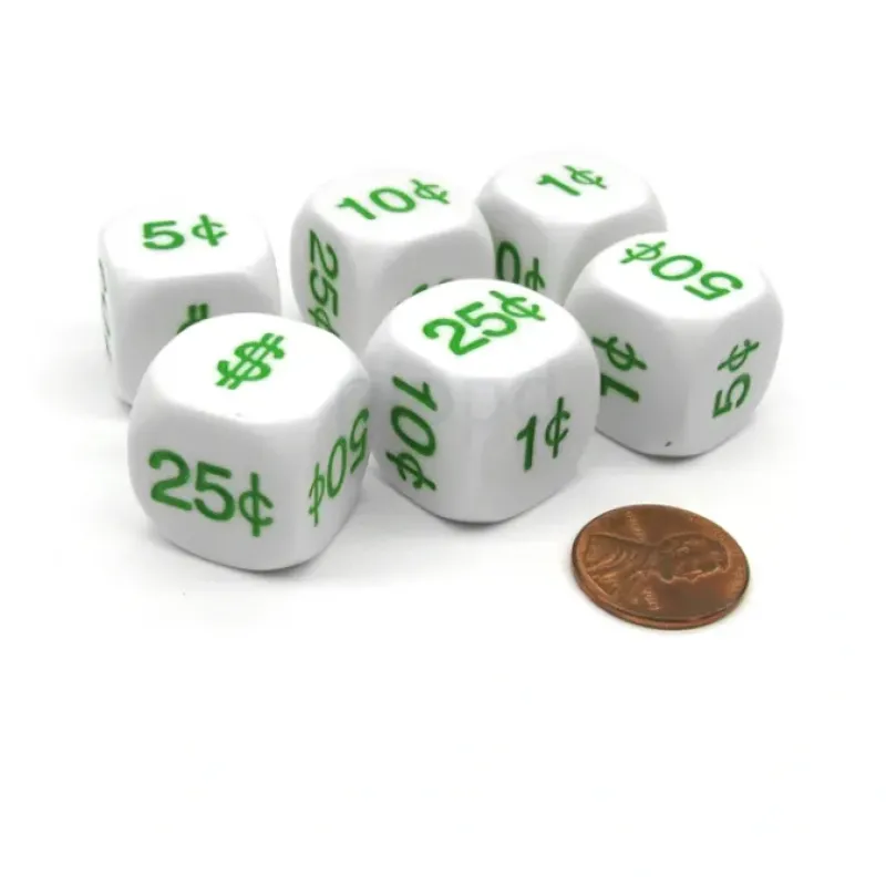 Dice>Pack of 6 20mm Educational Math Money Dice - 1 Cent to 1 Dollar - Your Source for Gaming Essentials