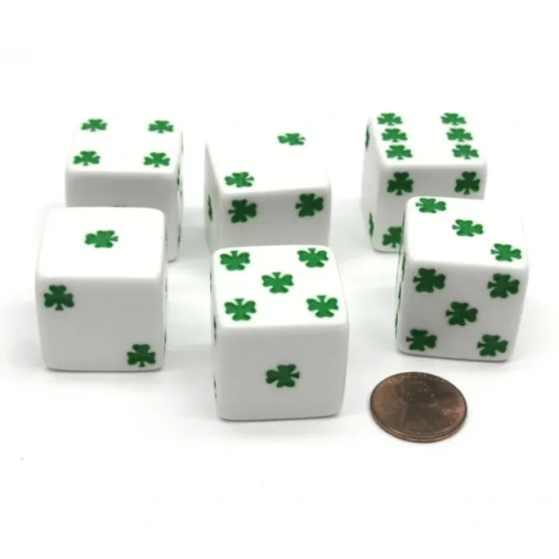 Dice>Pack of 6 Shamrock D6 25mm Large Jumbo Dice - White with Green Pips - Your Source for Gaming Essentials