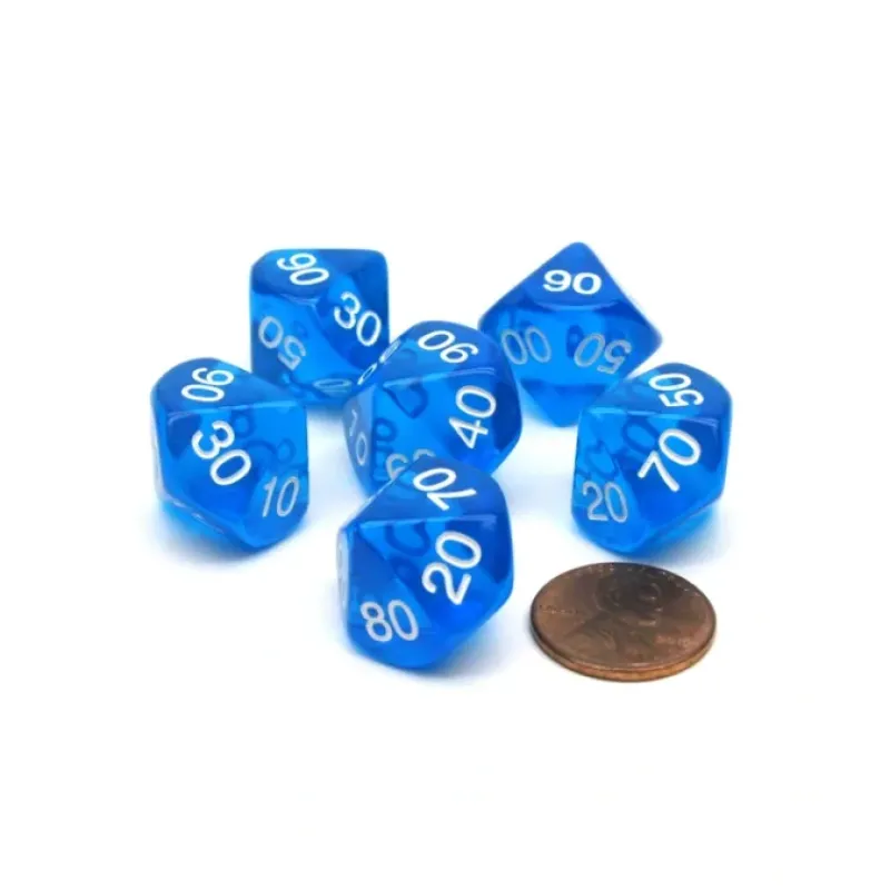Dice>Pack of 6 Tens D10 10-Sided Transparent Dice - Blue with White Numbers - Your Source for Gaming Essentials