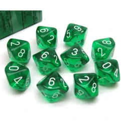 Dice>Pack of 10 Translucent Chessex 10-Sided D10 Dice - Green with White Numbers - Your Source for Gaming Essentials