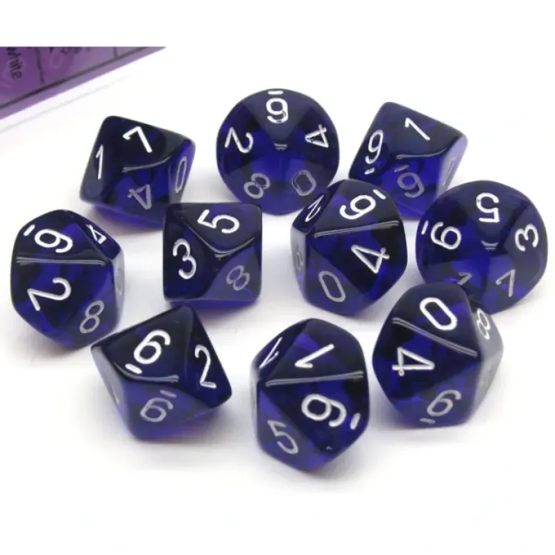 Dice>Pack of 10 Translucent Chessex 10-Sided D10 Dice - Purple with White Numbers - Your Source for Gaming Essentials