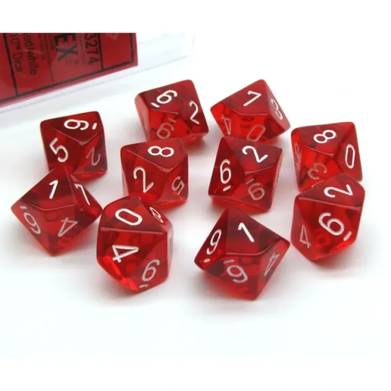 Dice>Pack of 10 Translucent Chessex 10-Sided D10 Dice - Red with White Numbers - Your Source for Gaming Essentials