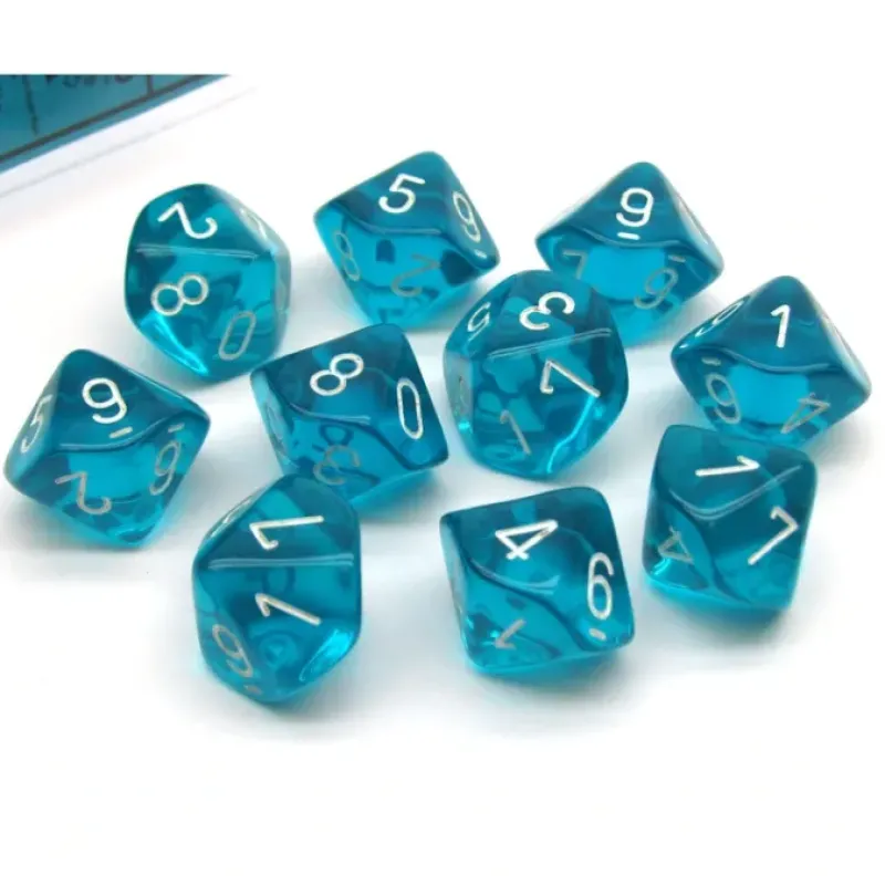 Dice>Pack of 10 Translucent Chessex 10-Sided D10 Dice - Teal with White Numbers - Your Source for Gaming Essentials