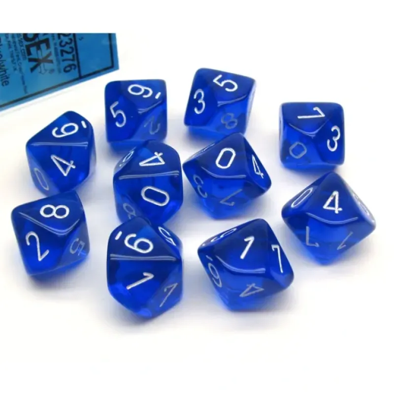 Dice>Pack of 10 Translucent Chessex 10-Sided D10 Dice - Blue with White Numbers - Your Source for Gaming Essentials