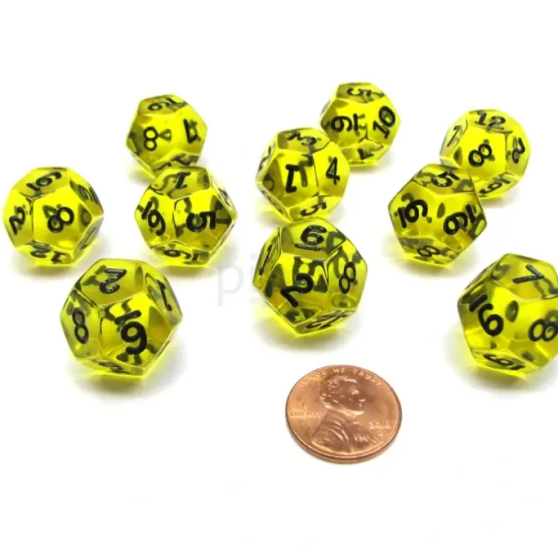 Dice>Pack of 10 Transparent 12 Sided D12 20mm Dice - Yellow - Your Source for Gaming Essentials