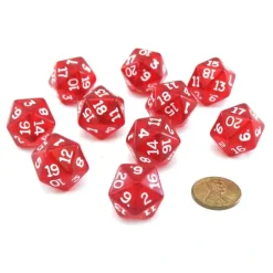 Dice>Pack of 10 Transparent 20 Sided D20 20mm Dice - Red - Your Source for Gaming Essentials