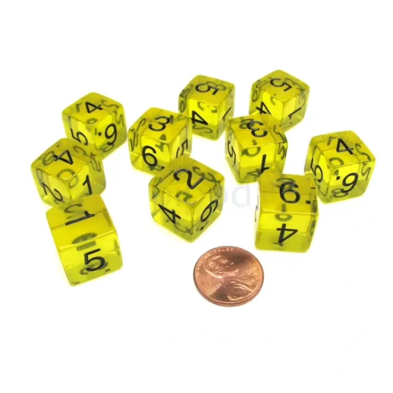 Dice>Pack of 10 Transparent 6-Sided D6 16mm Numbered Dice - Yellow - Your Source for Gaming Essentials