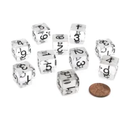 Dice>Pack of 10 Transparent 6-Sided D6 16mm Numbered Dice - Clear - Your Source for Gaming Essentials