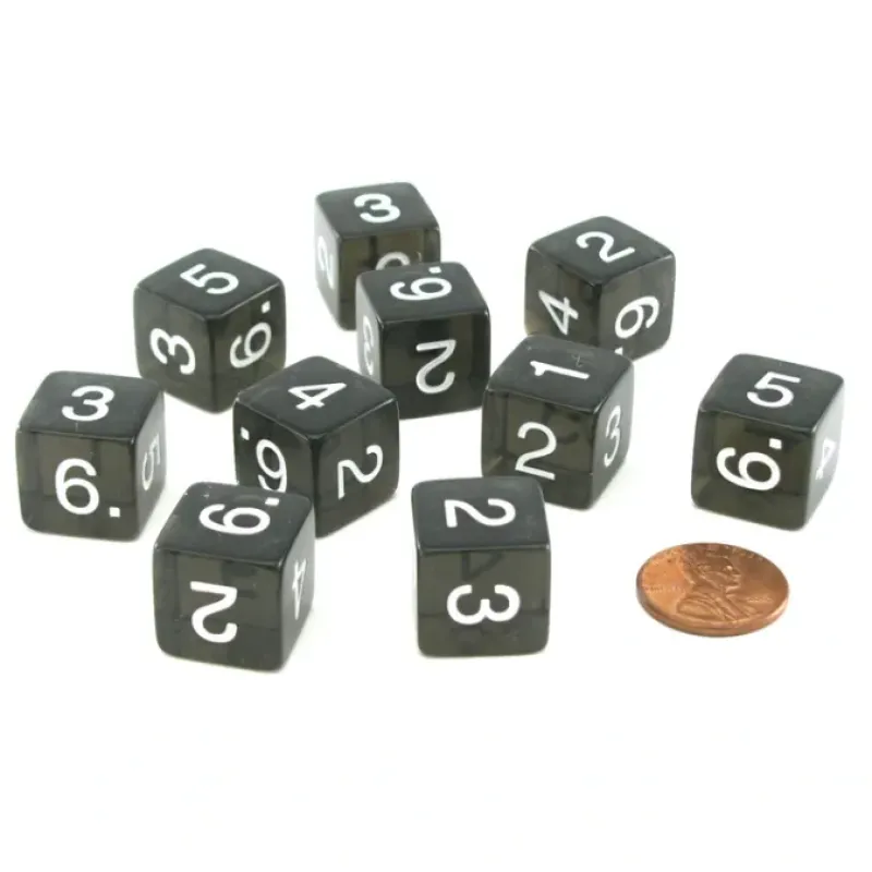 Dice>Pack of 10 Transparent 6-Sided D6 16mm Numbered Dice - Smoke - Your Source for Gaming Essentials