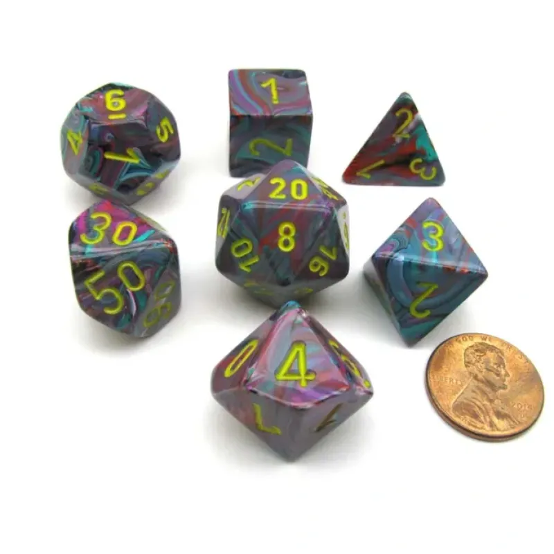 Dice>Polyhedral 7-Die Festive Chessex Dice Set - Mosaic with Yellow Numbers - Your Source for Gaming Essentials