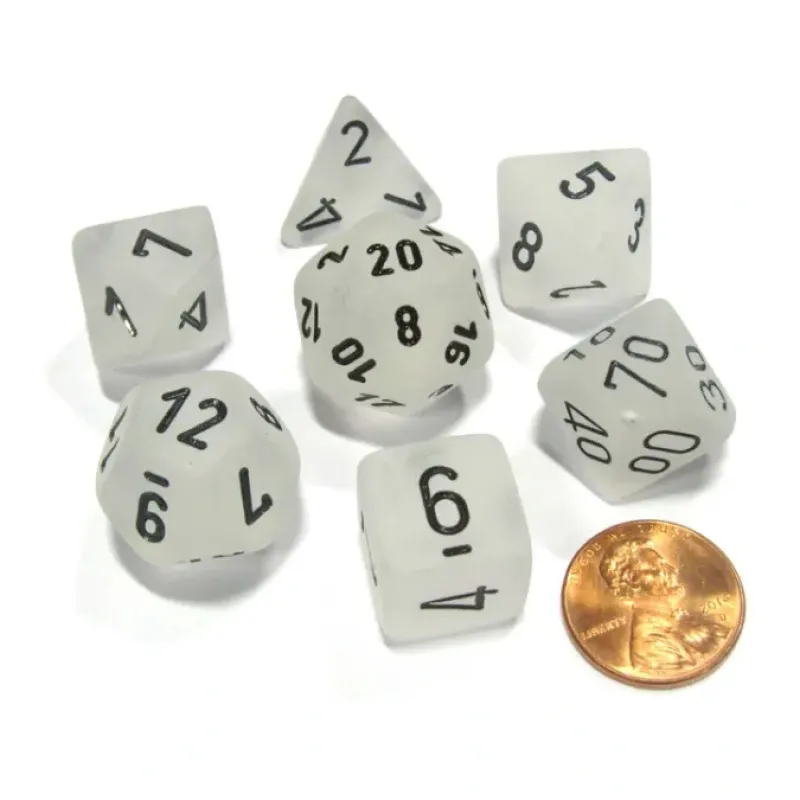 Dice>Polyhedral 7-Die Frosted Chessex Dice Set - Clear with Black Numbers - Your Source for Gaming Essentials