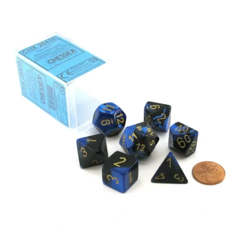 Dice>Polyhedral 7-Die Gemini Chessex Dice Set - Black-Blue with Gold Numbers - Your Source for Gaming Essentials