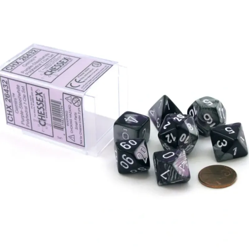 Dice>Polyhedral 7-Die Gemini Chessex Dice Set - Purple-Steel with White Numbers - Your Source for Gaming Essentials