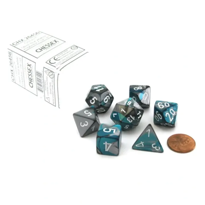 Dice>Polyhedral 7-Die Gemini Chessex Dice Set - Steel-Teal with White Numbers - Your Source for Gaming Essentials