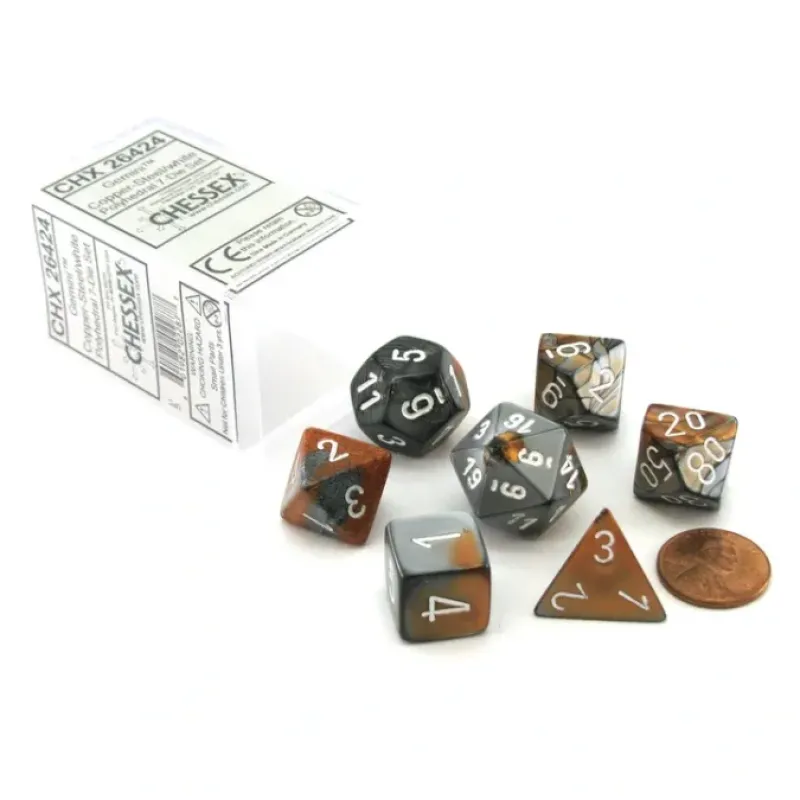 Dice>Polyhedral 7-Die Gemini Chessex Dice Set - Copper-Steel with White Numbers - Your Source for Gaming Essentials