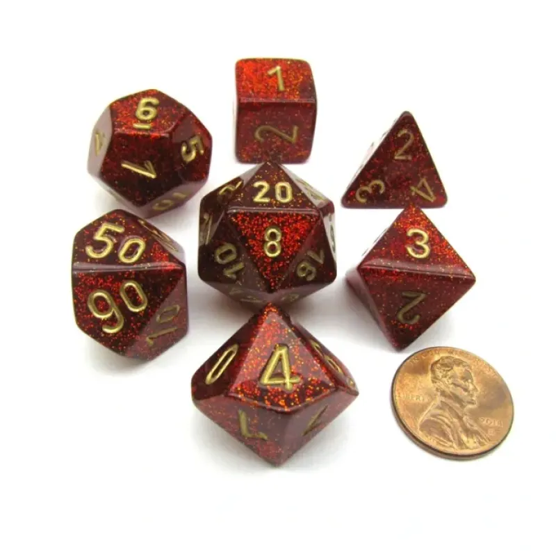 Dice>Polyhedral 7-Die Glitter Chessex Dice Set - Ruby Red with Gold Numbers - Your Source for Gaming Essentials