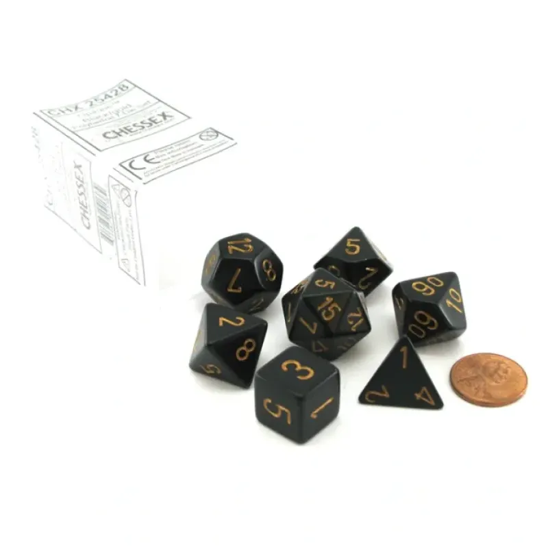 Dice>Polyhedral 7-Die Opaque Chessex Dice Set - Black with Gold Numbers - Your Source for Gaming Essentials