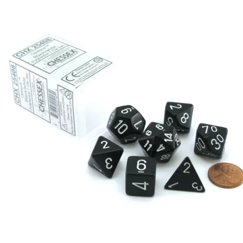 Dice>Polyhedral 7-Die Opaque Chessex Dice Set - Black with White Numbers - Your Source for Gaming Essentials