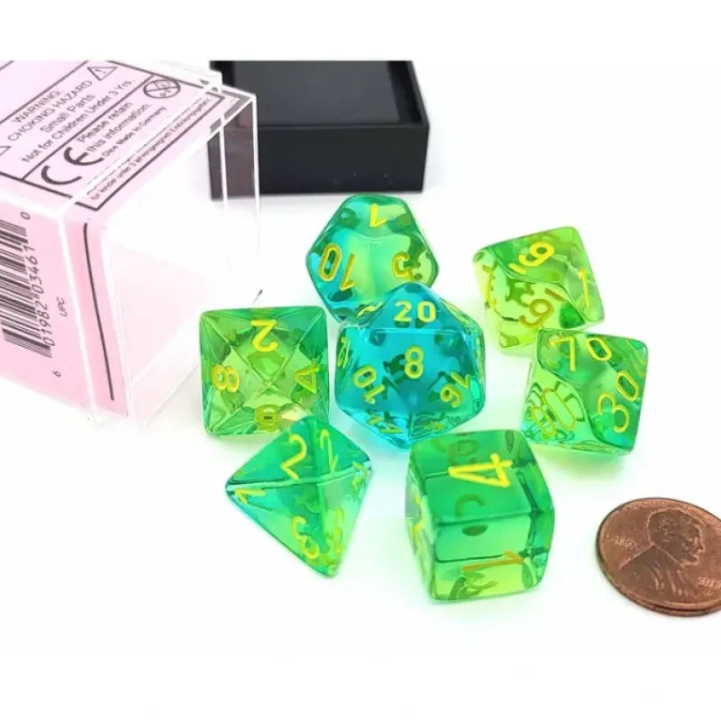 Dice>Polyhedral 7-Die Set, Gemini - Translucent Green-Teal with Yellow Numbers - Your Source for Gaming Essentials