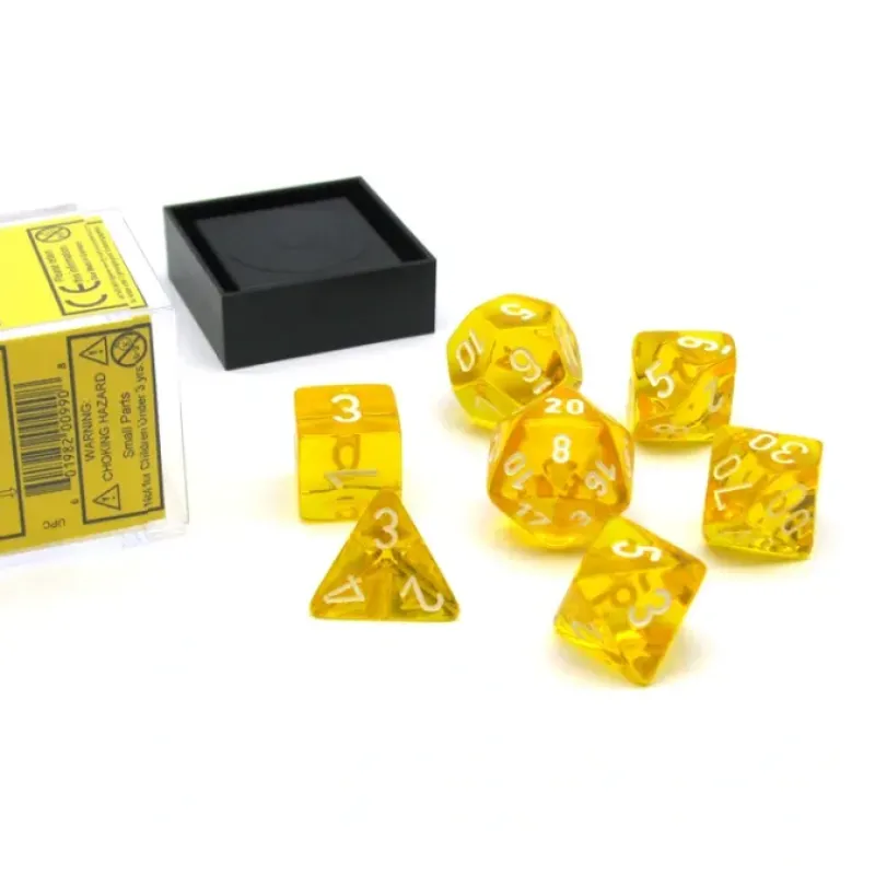 Dice>Polyhedral 7-Die Translucent Chessex Dice Set - Yellow with White Numbers - Your Source for Gaming Essentials