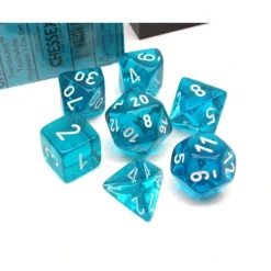 Dice>Polyhedral 7-Die Translucent Chessex Dice Set - Teal with White Numbers - Your Source for Gaming Essentials