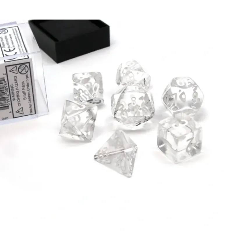 Dice>Polyhedral 7-Die Translucent Chessex Dice Set - Clear with White Numbers - Your Source for Gaming Essentials