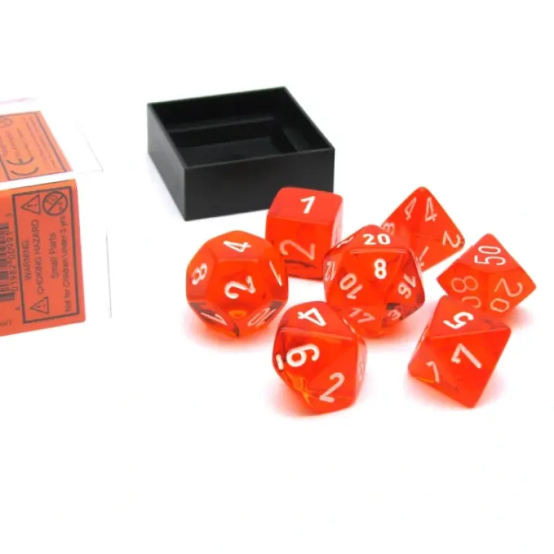 Dice>Polyhedral 7-Die Translucent Chessex Dice Set - Orange with White Numbers - Your Source for Gaming Essentials