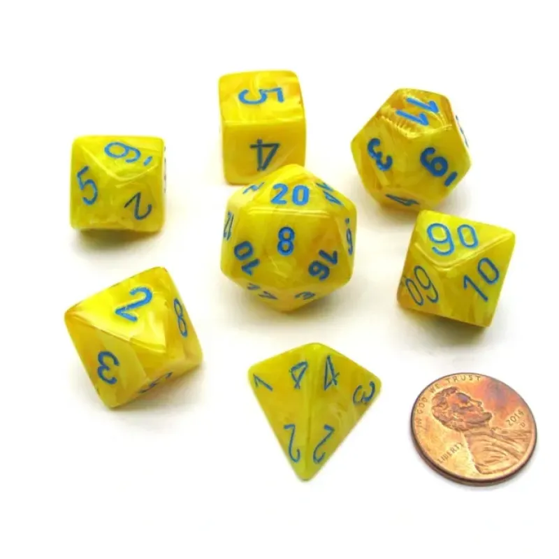 Dice>Polyhedral 7-Die Vortex Chessex Dice Set - Yellow with Blue Numbers - Your Source for Gaming Essentials