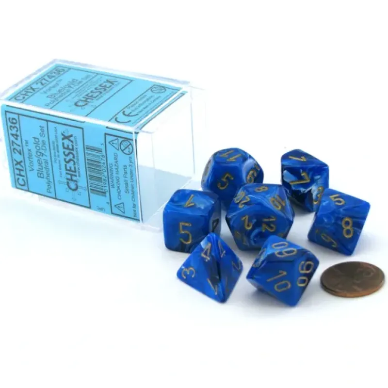 Dice>Polyhedral 7-Die Vortex Chessex Dice Set - Blue with Gold Numbers - Your Source for Gaming Essentials