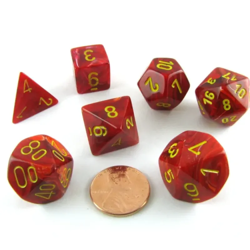 Dice>Polyhedral 7-Die Vortex Chessex Dice Set - Red with Yellow Numbers - Your Source for Gaming Essentials