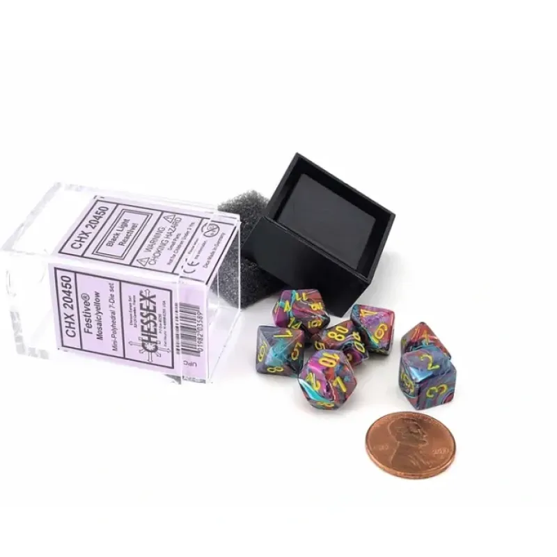Dice>Polyhedral Mini 7-Die Set, Festive - Mosaic with Yellow Numbers - Your Source for Gaming Essentials