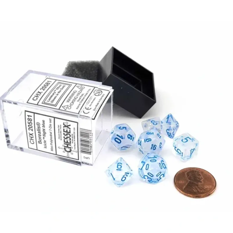 Dice>Polyhedral Mini 7-Die Set, Luminary Borealis - Icicle with Light Blue Numbers - Your Source for Gaming Essentials