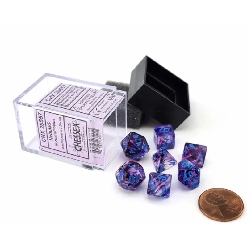 Dice>Polyhedral Mini 7-Die Set, Luminary Nebula - Nocturnal with Blue Numbers - Your Source for Gaming Essentials