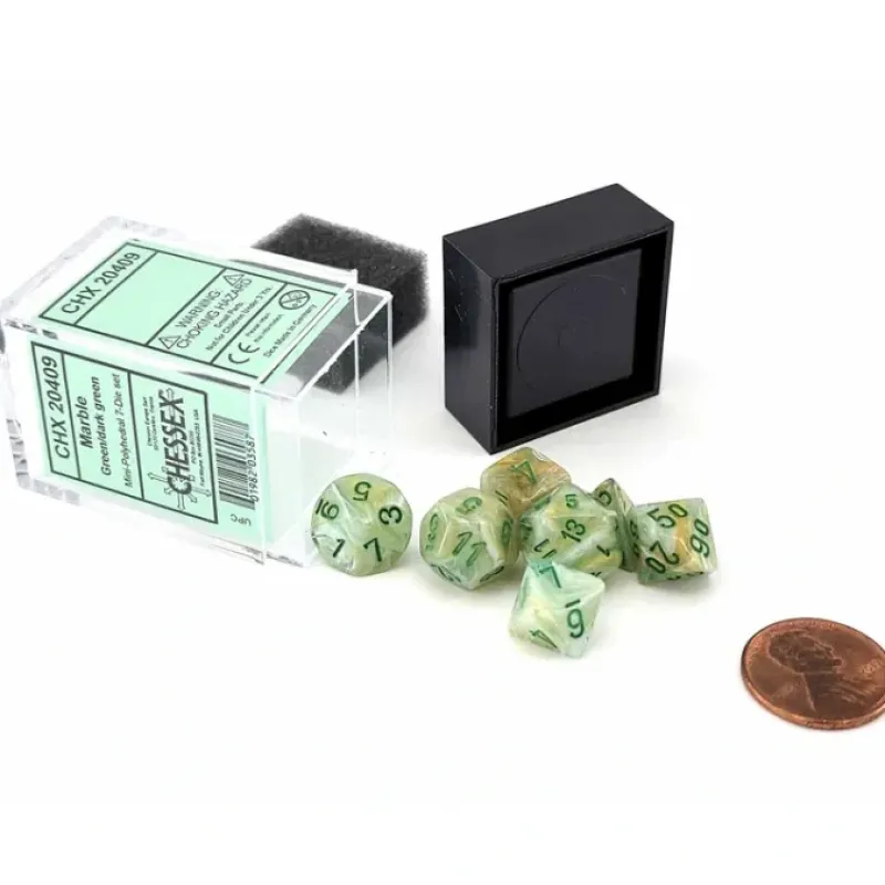 Dice>Polyhedral Mini 7-Die Set, Marble - Green with Dark Green Numbers - Your Source for Gaming Essentials