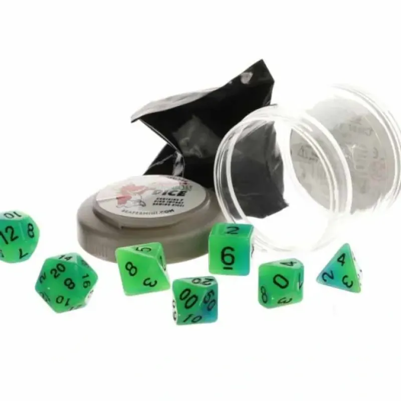 Dice>Polyhedral 7-Piece DnD Pizza Dungeon Dice Set - Glow Green & Blue - Your Source for Gaming Essentials