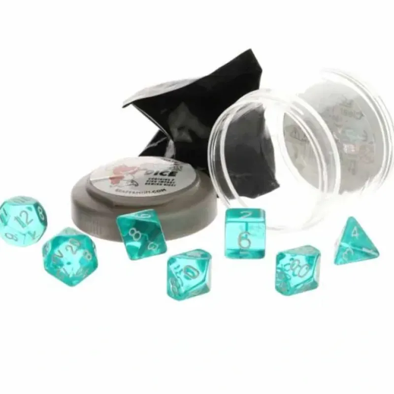 Dice>Polyhedral 7-Piece DnD Pizza Dungeon Dice Set - Lucky Clear Teal - Your Source for Gaming Essentials