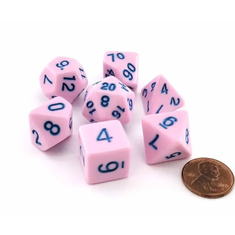 Dice>Polyhedral 7-Piece Opaque Dice Set - Pink with Blue Numbers - Your Source for Gaming Essentials