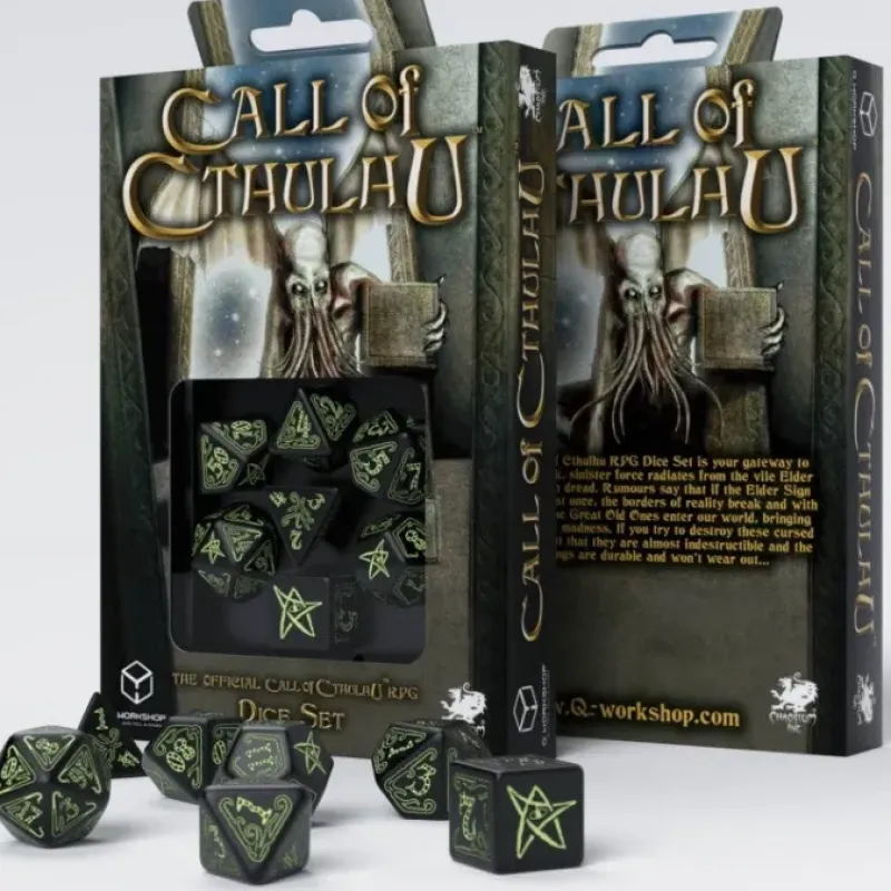 Dice>Q-Workshop Call of Cthulhu Dice Set Black with GlowNDark Etches (7 Piece Set) - Your Source for Gaming Essentials
