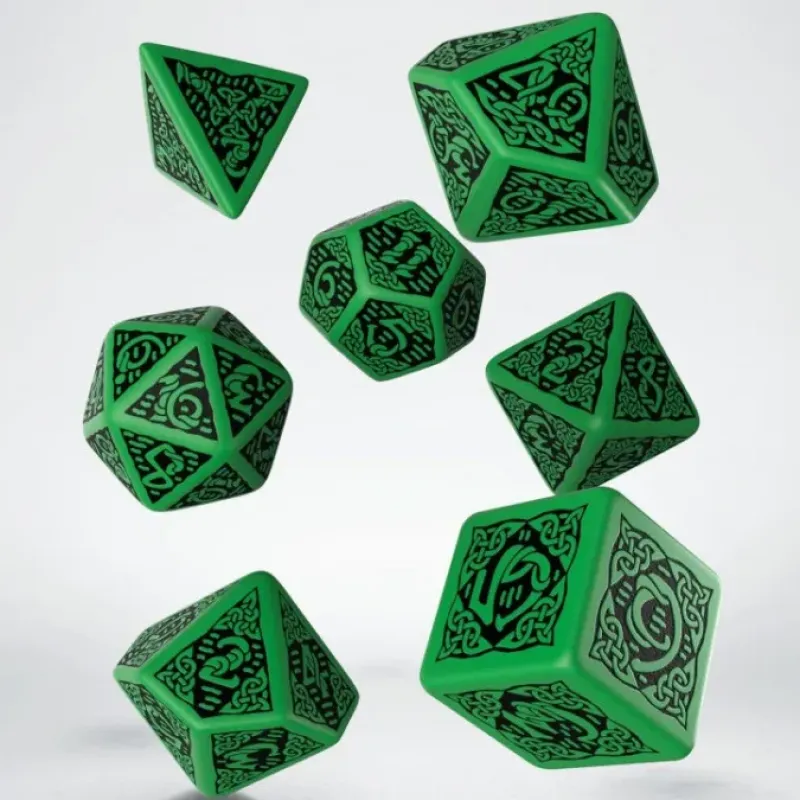 Dice>Q-Workshop Celtic Dice Set 3D Green with Black Revised (7 Piece Set) - Your Source for Gaming Essentials
