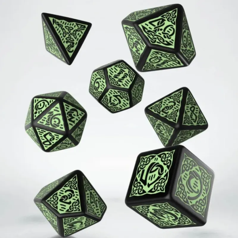 Dice>Q-Workshop Celtic Dice Set - 3D Revised Black and Green (7 Pieces) - Your Source for Gaming Essentials