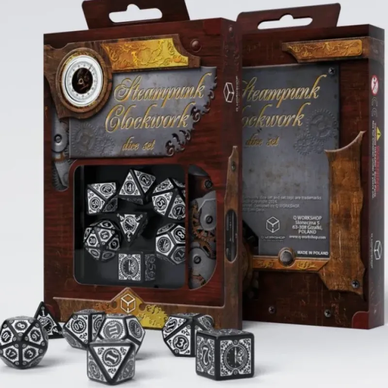 Dice>Q-Workshop Steampunk Clockwork Dice Set Black with White Etches (7 Piece Set) - Your Source for Gaming Essentials