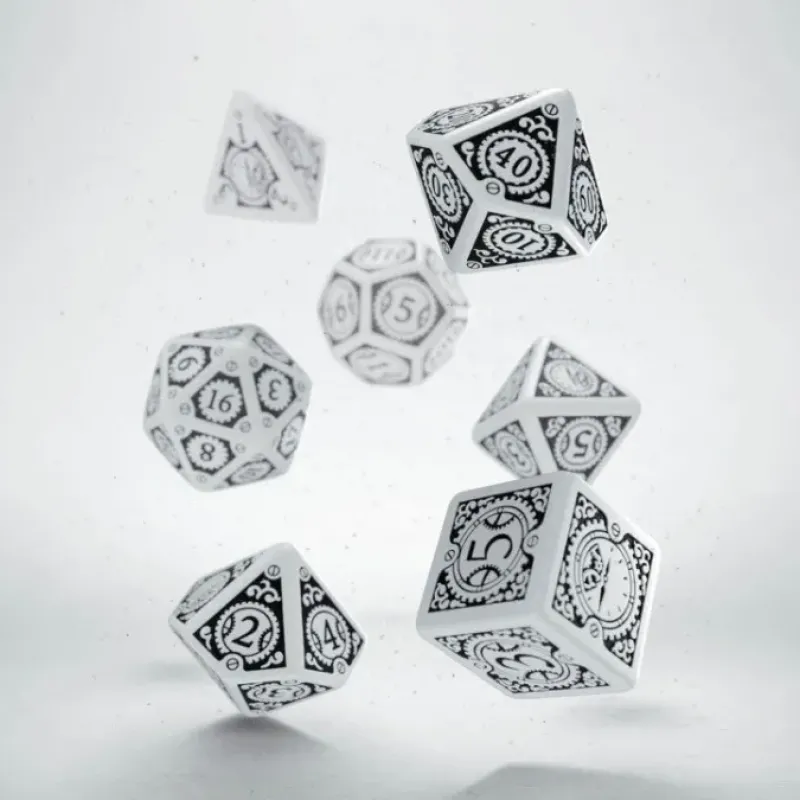 Dice>Q-Workshop Steampunk Clockwork Dice Set White with Black Etches (7 Piece Set) - Your Source for Gaming Essentials