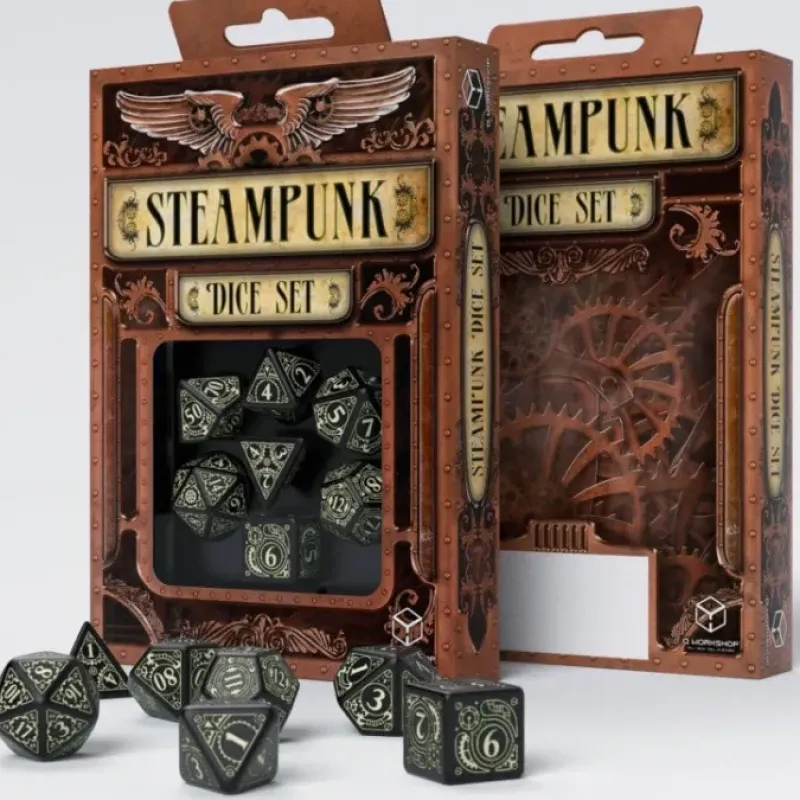 Dice>Q-Workshop Steampunk Dice Set Black with Glow-in-the-Dark Etches (7 Piece Set) - Your Source for Gaming Essentials