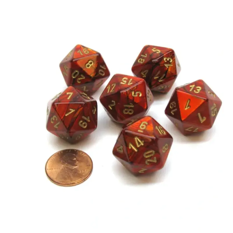 Dice>Scarab 20 Sided D20 Chessex Dice, 6 Pieces - Scarlet with Gold Numbers - Your Source for Gaming Essentials